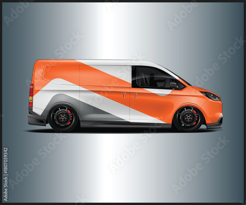 Orange and white van mockup with graphic design wrap for branding