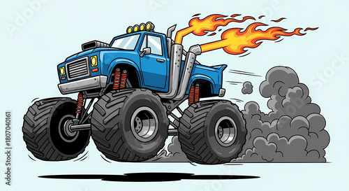 Cartoon monster truck isolated on white background with flames and smoke effects