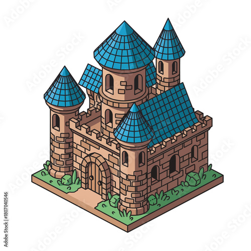 An isometric illustration of a charming, cartoonish stone castle with blue tiled conical roofs and battlements, set against a white background.