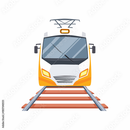 Front view of a modern yellow and white electric train on tracks, ready to depart.