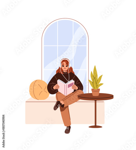 Girl with headphones listens to music, reads paper book, novel on windowsill. Student with headset holds textbook, sits on window sill, learning literature. Flat isolated vector illustration on white.