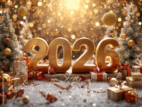 Golden 2026 New Year Celebration with Festive Gifts, Snowy Trees and Sparkling Holiday Lights