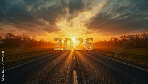 Golden 2026 Text on Sunrise Highway Symbolizing New Beginnings, Hope, Motivation and the Road Ahead