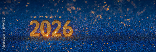 Happy New Year 2026 Golden Text on Sparkling Blue Glitter Background with Festive Celebration Lights