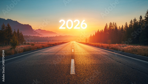 Scenic Sunrise Road with 2026 Text Symbolizing New Beginnings, Hope, Motivation and the Journey Ahead
