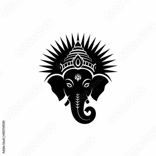 Black and white illustration of Lord Ganesha's face, featuring his iconic trunk, large ears, headdress, and radiating sunburst halo.