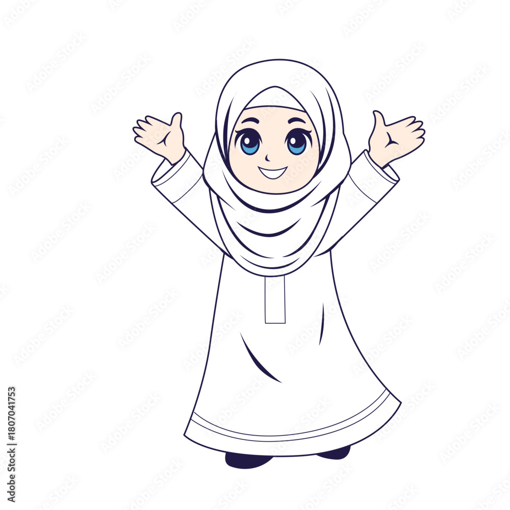 Fototapeta premium Happy Cartoon Muslim Girl in Hijab with Open Arms