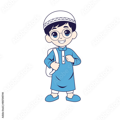 Happy Muslim Boy Cartoon with Backpack and Kufi