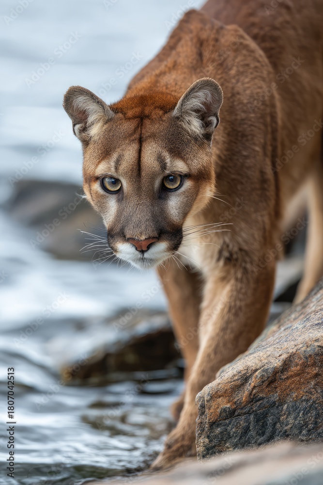 Naklejka premium Close-up of a cougar near water