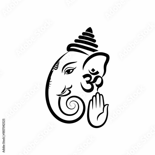 Stylized black and white illustration of Lord Ganesha's head with an Om symbol and a praying hand, representing Hindu spirituality.