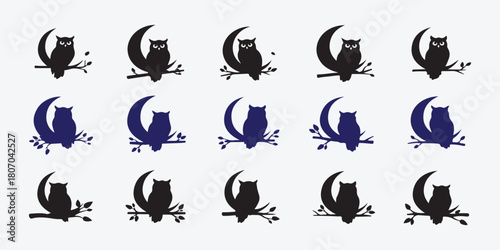 Bundle collection set design owls perched on crescent moon icons