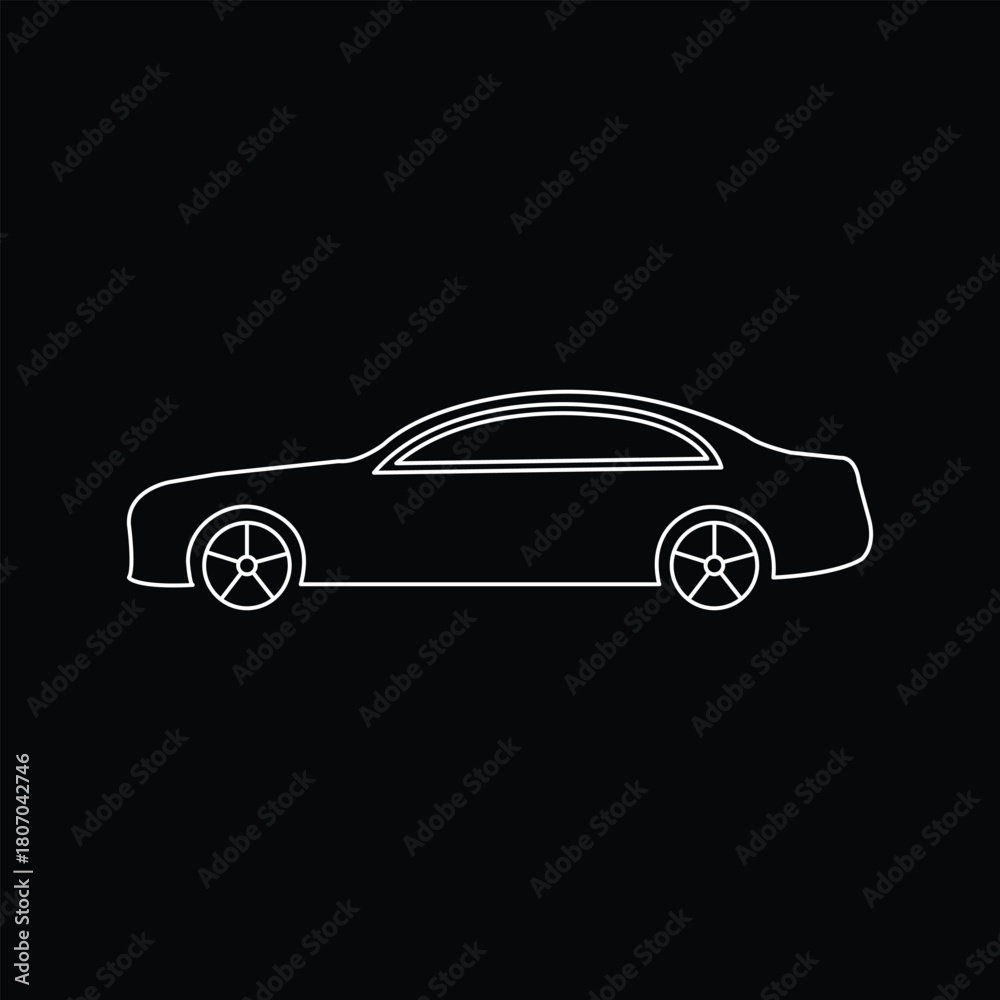 Fototapeta premium Minimalist White Line Car Drawing – Modern Sedan Silhouette on Black Background