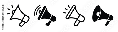 Megaphone set, outlined style and flat style or glyph
