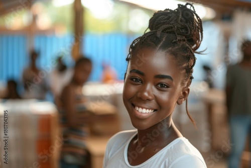 Young girl smiling happily in a vibrant market setting