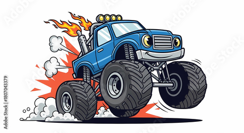 Cartoon monster truck with flames isolated on white background