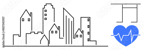 Linear cityscape skyline paired with a blue heartbeat icon and a minimal architectural framework. Ideal for health infrastructure, urban planning, sustainability, medical design, modern architecture