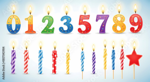 Collection of colorful birthday candles with numbers and shapes isolated on white background