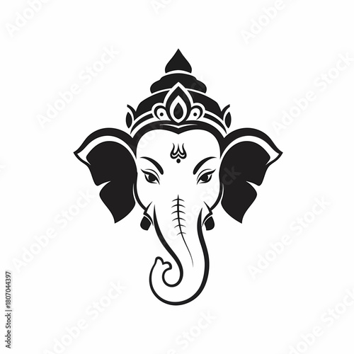 Illustration of Ganesha's head, featuring his iconic trunk, large ears, and ornate headdress, rendered in a black and white graphic style.