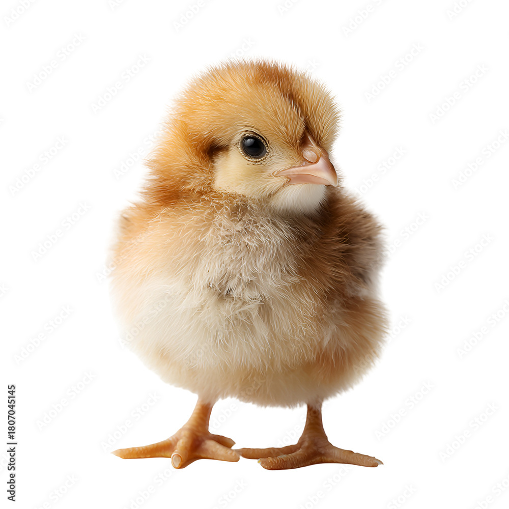 Fototapeta premium Adorable fluffy yellow chick standing alone on a white background