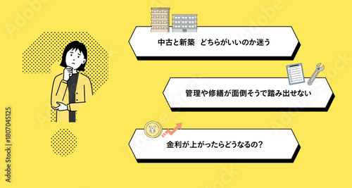不動産投資の悩みのデザインテンプレート2（中古・新築／管理・修繕／金利）