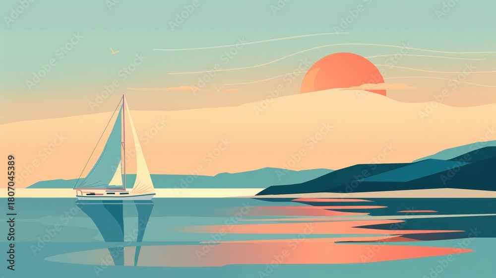 Fototapeta premium Halcyon Days. illustration, minimalist coastal scene with sailboat on calm waters, geometric sunset, simplified shapes, limited color palette of blues, peach and cream, contemporary graphic style