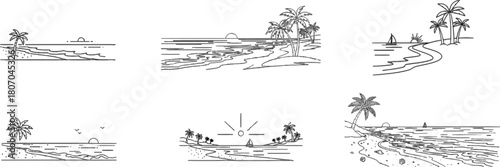Minimalist outline sketches showcasing idyllic tropical beach scenery collection