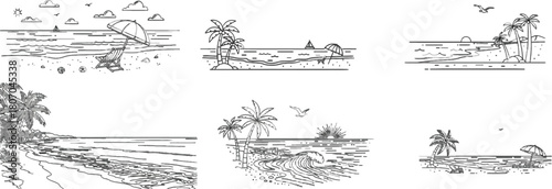 Line art beach scene illustrations featuring palm trees, waves and sunshine