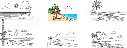 Set of minimalist beach landscapes in outline and color, summer vacation