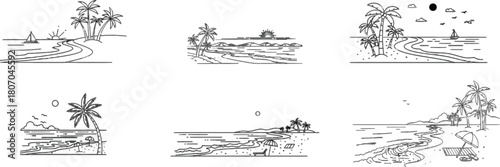 Tropical beach scene illustrations collection in minimalist line art style