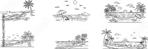 Collection of beach line art vector illustrations for summer vacation