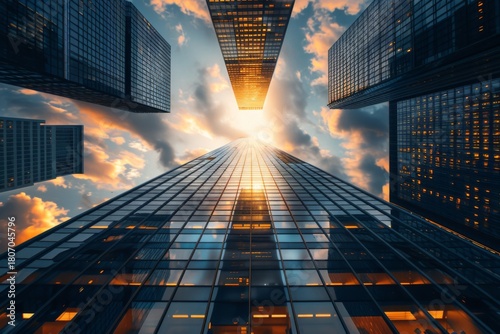 Wallpaper Mural Looking up at modern skyscrapers during sunset Torontodigital.ca