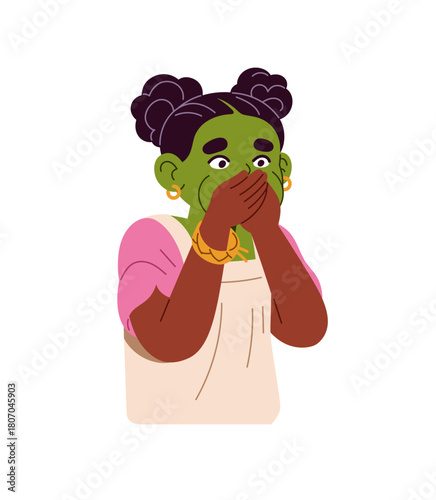 Little girl with sickness, vomiting. Ill kid with nausea, food poisoning. Child suffers from indigestion, stomach upset, digestive disorder. Flat isolated vector illustration on white background.
