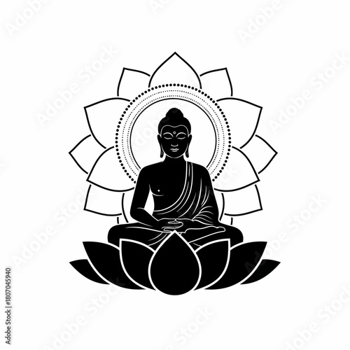 A black and white silhouette of Buddha meditating in a lotus pose, seated on a lotus flower.