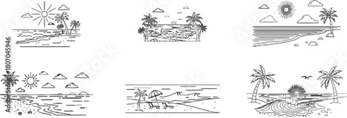Minimalist beach illustrations collection with serene seascapes and palm trees