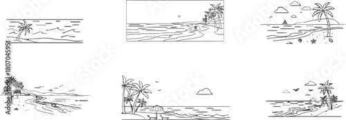 Set of beach scene outline illustration, perfect for summer vacation themes