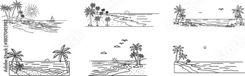 Minimalist black and white linear illustrations of tropical beach scenes collection