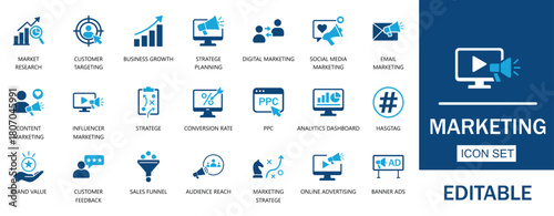 Marketing Solid Icon Set. Featuring  business strategy, advertising, Customer Targeting, Analytics, and digital marketing concepts. Perfect for marketing reports, business presentation.