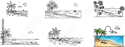 Tropical Beaches Line Art Collection Minimalist Coastal Holiday Destination Vectors