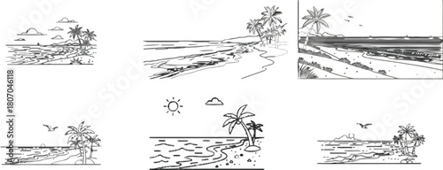 Monochrome Beach Line Art Collection Featuring Tropical Island Paradise