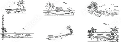 Minimalistic beach scene illustrations for summer vacation themes, vector designs
