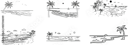 Stylized linear sketches depicting calm tropical beaches with palm trees