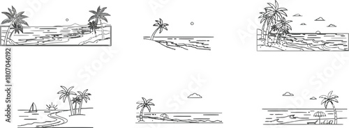 Minimalist tropical beach line art illustrations, set of summer vacation scenes