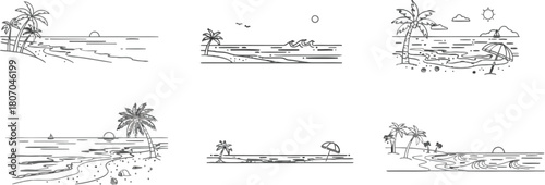Minimalist Beach Landscape Scenes Collection with Palm Trees and Ocean Views