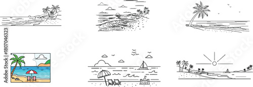 Coastal Scenery Line Art Collection: Diverse Beach Illustrations and Seaside Elements