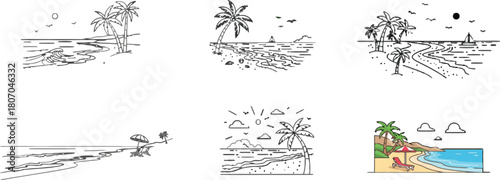 Aesthetic tropical beach line art vector set showcasing summer paradise vibes