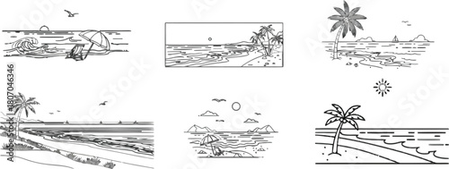 Collection of stylized beach scenes in minimalist vector line art style