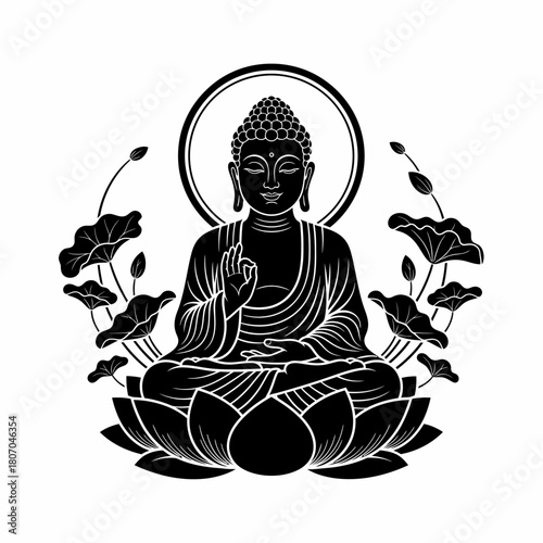 A serene black and white illustration of Buddha seated in a lotus pose on a large flower, with a halo and a peaceful expression.