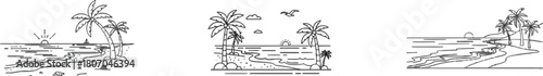 Stylized Tropical Beach Line Art Collection for Summer Vibes and Relaxation