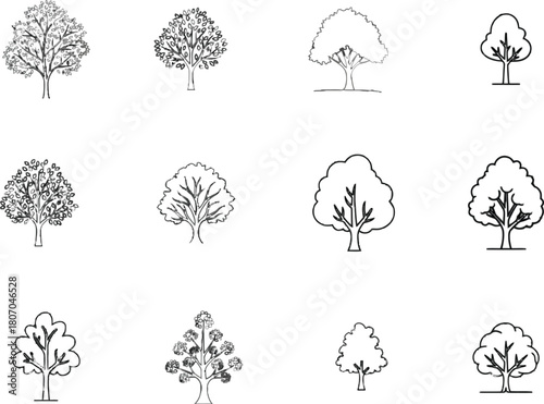 Collection of hand drawn tree illustrations for creating organic designs