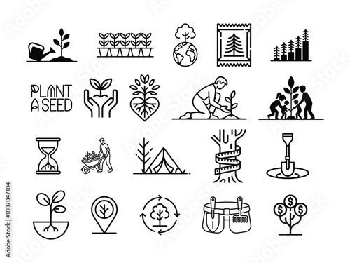 Tree planting gardening and reforestation black line icon set vector illustration